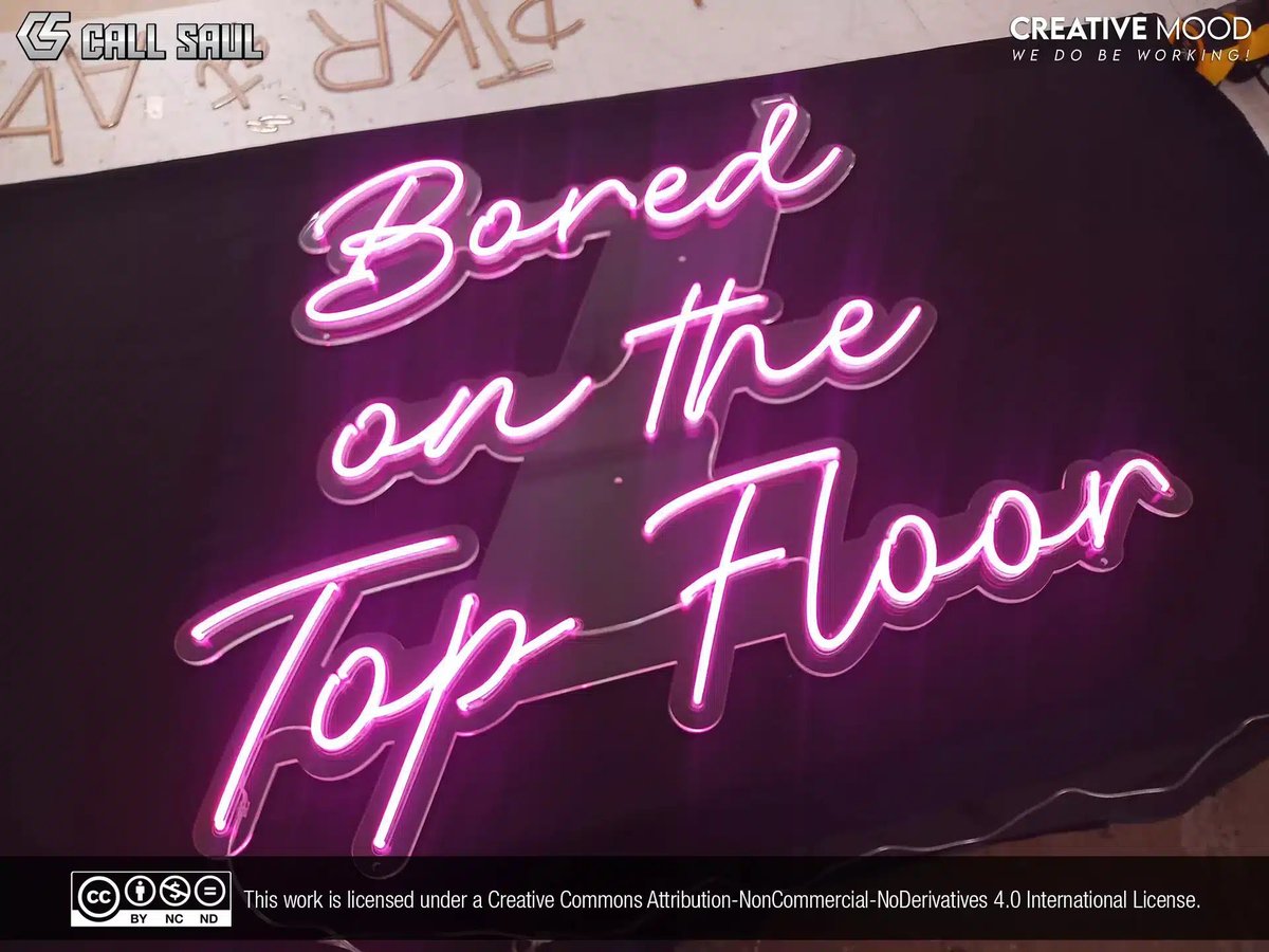 We made this "Bored on the Top Floor" LED Neon Sign in the color pink. We mounted it on cut-to-shape clear acrylic support.
Looking to get a Custom LED Neon Sign like this? Find us on our social medias. 
#CallSaul #CreativeMood #LEDNeonSigns

callsaul.us/portfolio-item…