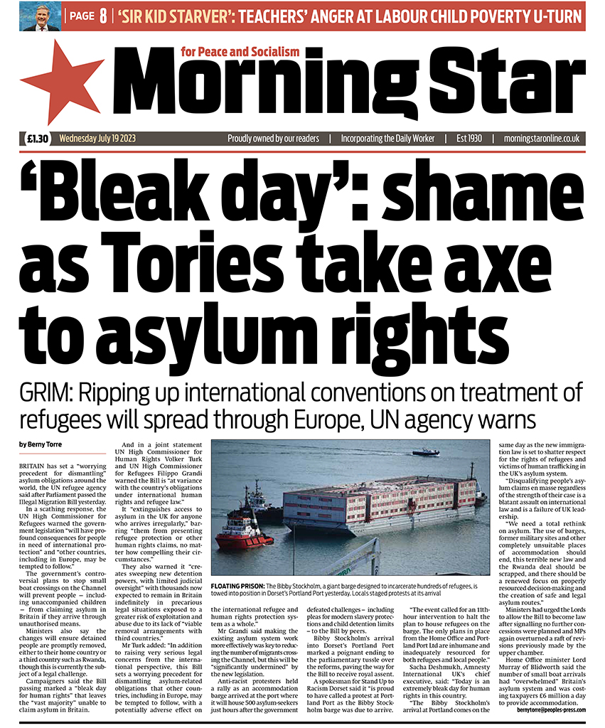 M_Star_Online's tweet photo. Tomorrow's front page:

‘Bleak day’: shame as Tories take axe to asylum rights - Ripping up international conventions on treatment of refugees will spread through Europe, UN agency warns

Subscribe to the Morning Star: https://t.co/IErMcVLkje https://t.co/CBaLkDeoS0