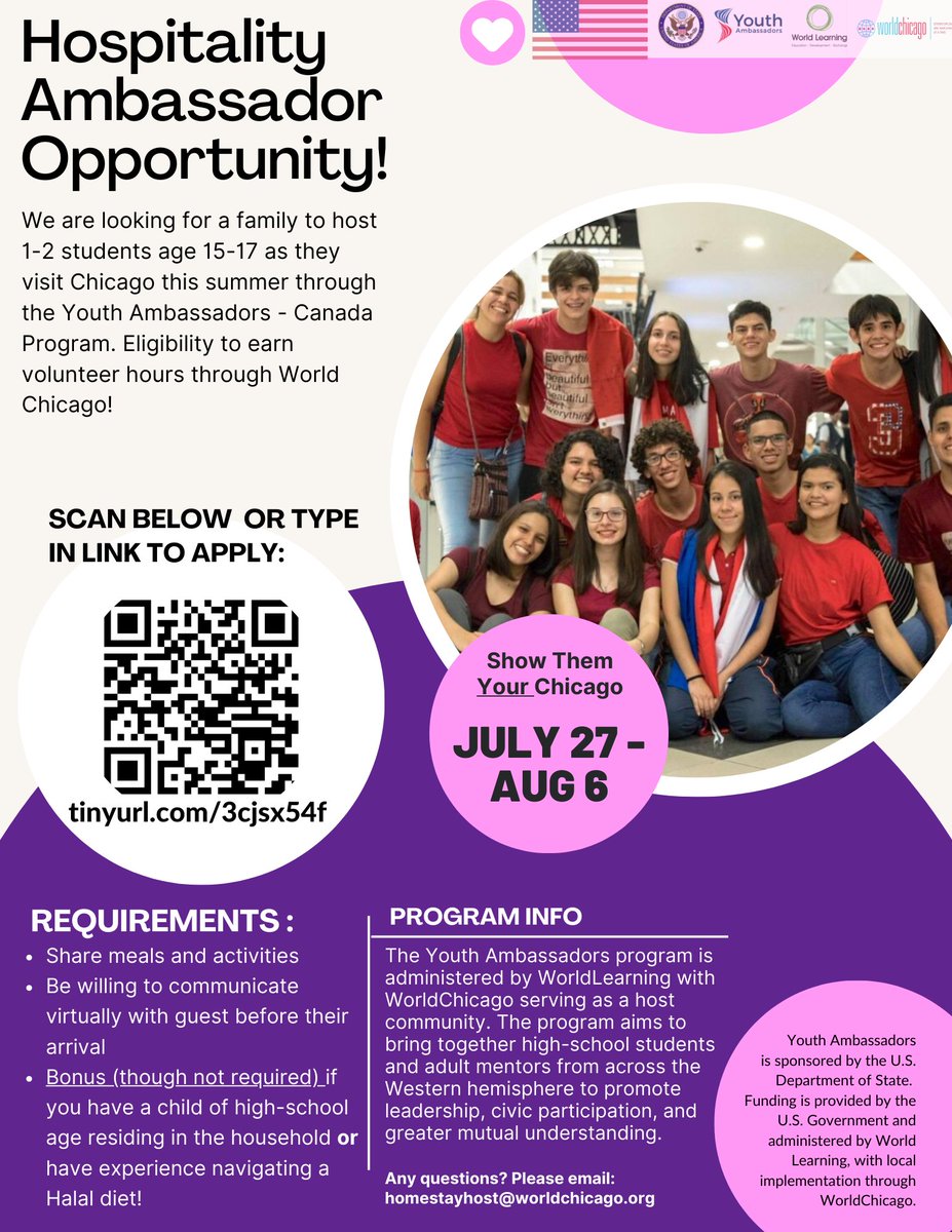 WorldChicago urgently needs your help finding 7 host families for the Canadian Youth Ambassadors Program! If you are interested in learning more about our neighbors to the North without leaving your home, apply here today: tinyurl.com/3cjsx54f #hosting #chicago #Canada #host