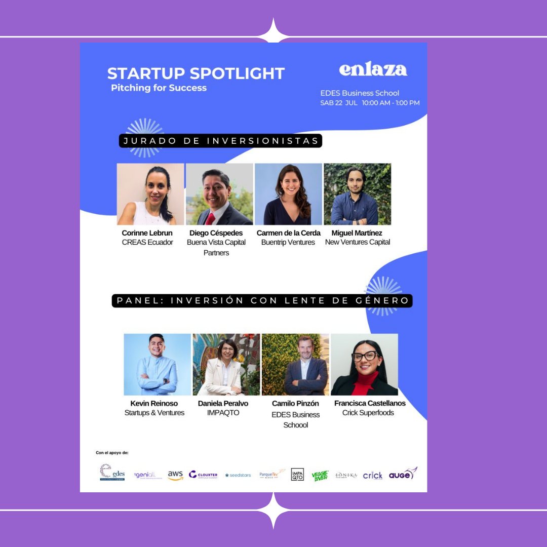 El sábado 22 tendrás la oportunidad de compartir con inversores y emprendedoras en evento de Enlaza en EDES.  Si eres fundadora de una startup y quieres presentar tu pitch:lnkd.in/eY5RGnWz. 👉Si quieres ser parte de la audiencia y hacer networking: lu.ma/Quito