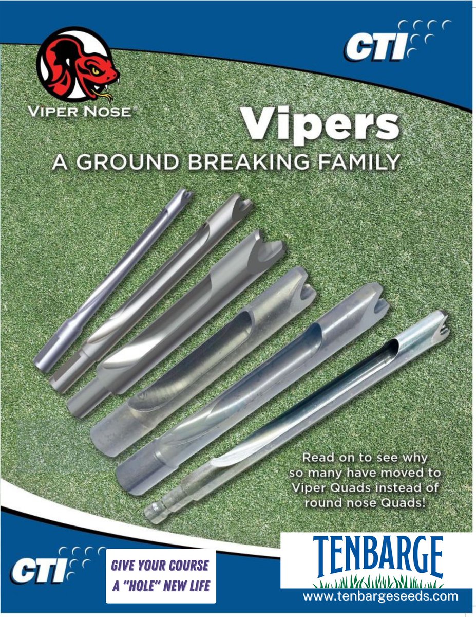 TenBargeSeed's tweet photo. Viper Nose-"ground breaking" aeration tools from @CeresTurf_Inc available exclusively through Tenbarge Seeds. Give your course a "hole" new life! #aeration #fallseed #turf #golfcourse #lawns https://t.co/138XgCp4aU