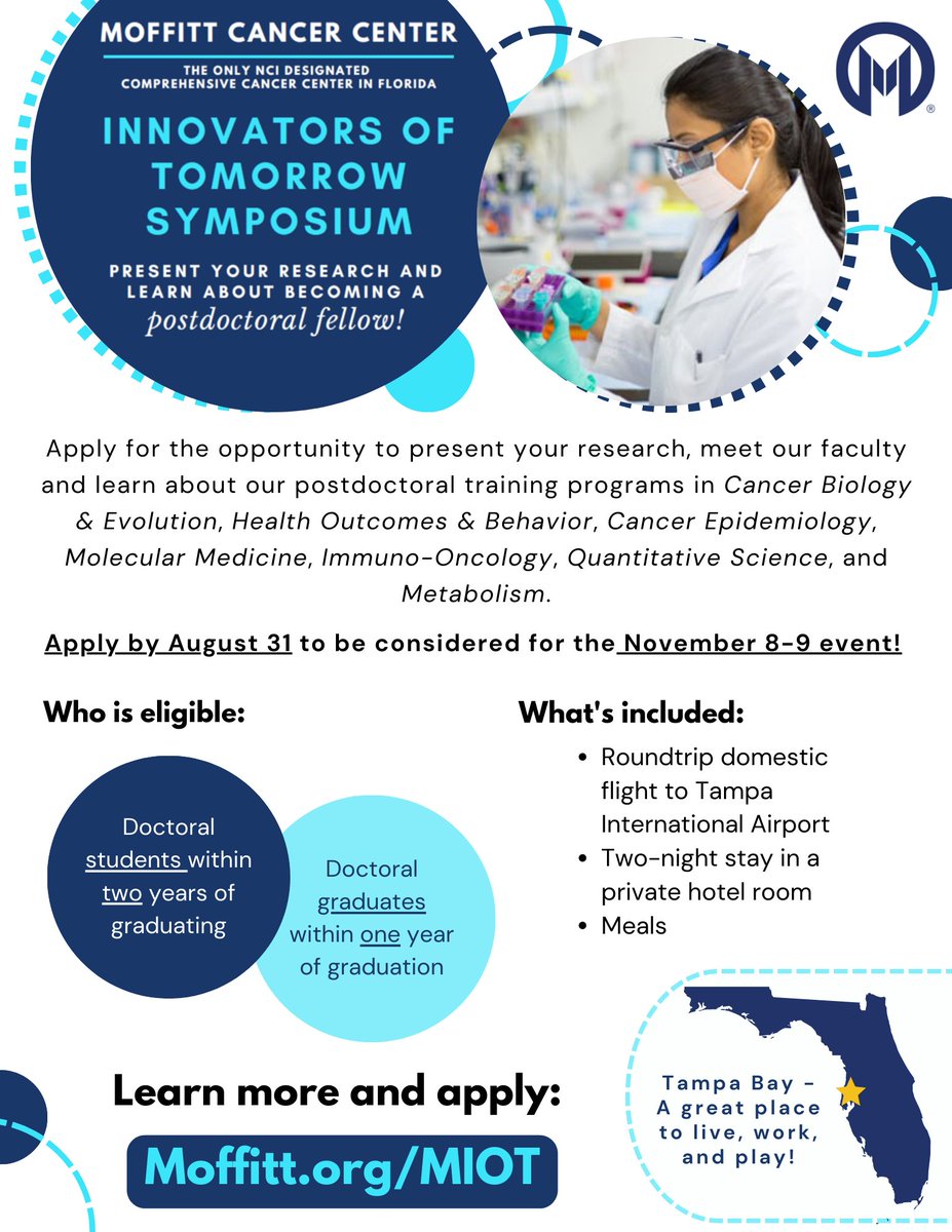 Apply now to the Moffitt Innovators of Tomorrow Symposium! Our next event is November 8-9, 2023 -- to be considered, visit Moffitt.org/MIOT and submit your application before August 31st. #MIOTSymposium @MoffittNews