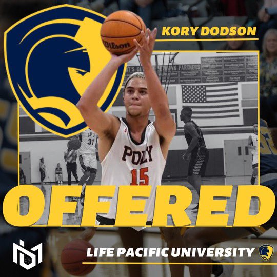 6'3" G Kory Dodson of Riverside Poly (2025) has picked up his first offer from Life Pacific University! Big thanks to Coach Cook <a href="/CoachCook4444/">Tim Cook</a> and the rest of his staff for believing in him. Proud of you kid. Let's keep working! 🏁🏁🏁