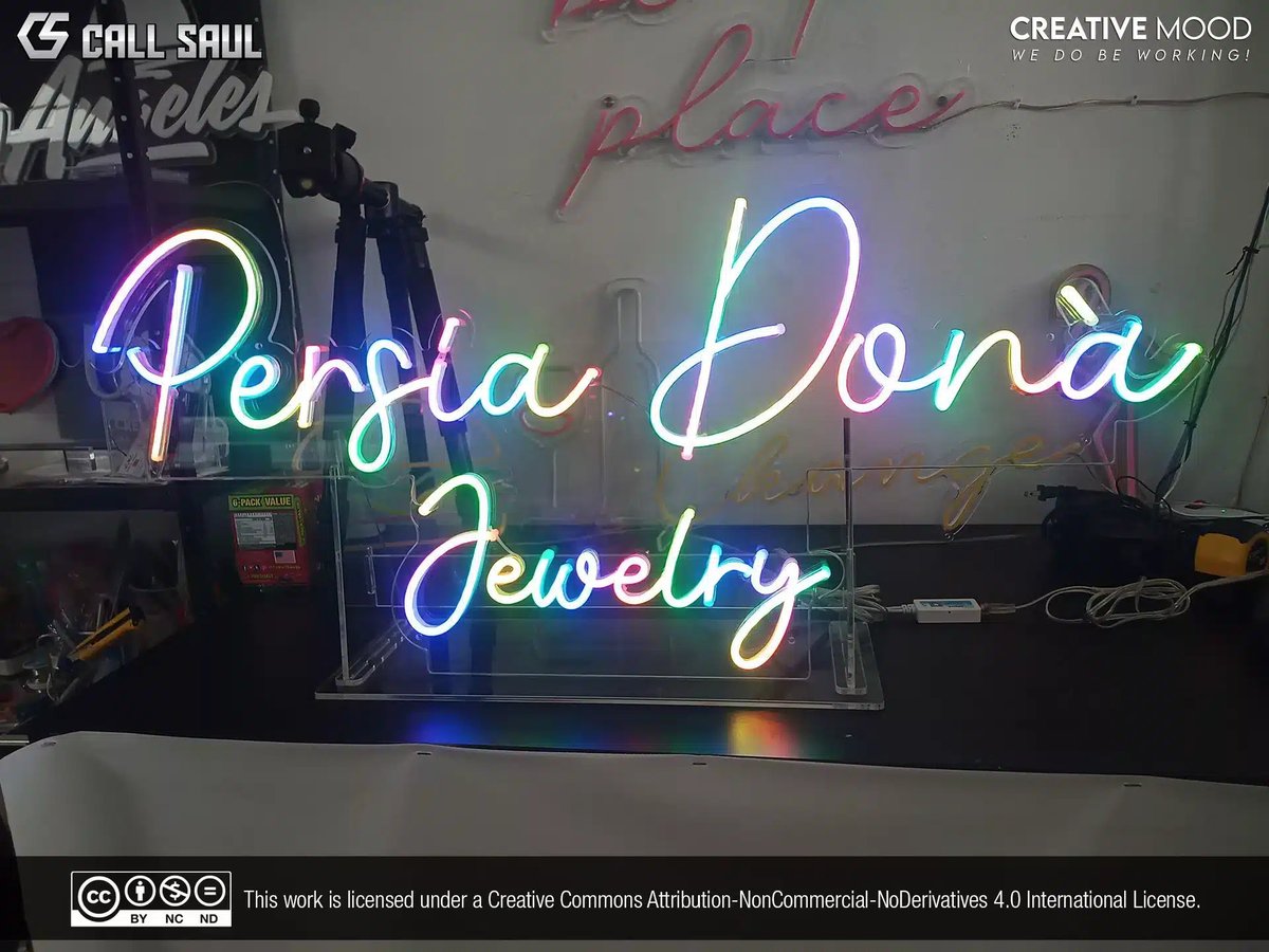 We made this colorful "Persia Dona Jewelry" LED Neon Sign in pixel RGB. We mounted it on cut-to-shape clear acrylic support.
Looking to get a Custom LED Neon Sign like this? Find us on our social medias. 
#CallSaul #CreativeMood #LEDNeonSigns

callsaul.us/portfolio-item…