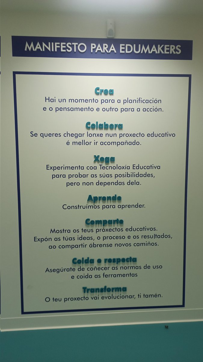 IdansUSC's tweet photo. Curso #EduMaker para profes de Educación @UniversidadeUSC
Aí o Manifesto Edumaker↙️
1. Crea
2. Colabora
3. Xoga
4. Aprende
5. Comparte
6. Coida e respecta
7. Transforma https://t.co/0ad4pXVgMW