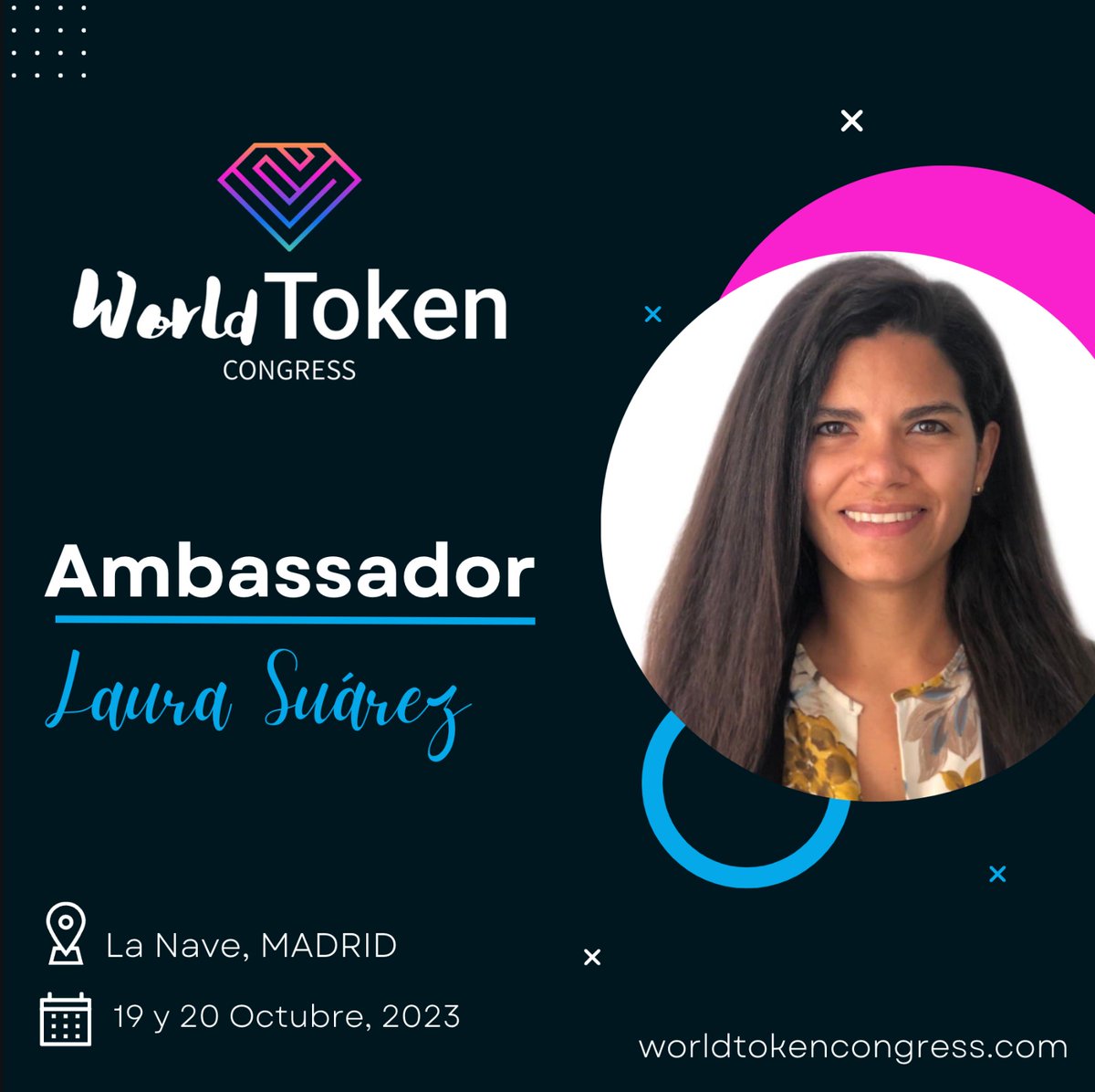 laissu's tweet photo. ¡Emocionada de ser Embajadora del World Token Congress en #Madrid, el 19 y 20 de octubre! El #WTC está enfocado en la tokenización de activos del mundo real (#RWA) en la #blockchain. Escríbeme para unirte. ¡No te lo pierdas! https://t.co/zTiQPA6LUQ