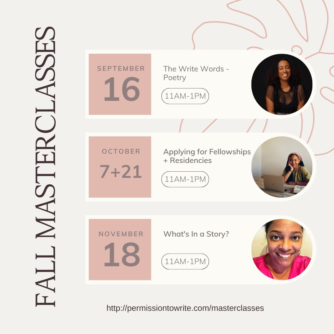 We have an exciting schedule of #ptwmasterclasses coming up for the fall featuring @KimoleeEryn @gabbyhickmon and <a href="/JinaDuVernay/">Jina DuVernay</a>. Learn more and register here: permissiontowrite.com/masterclasses.