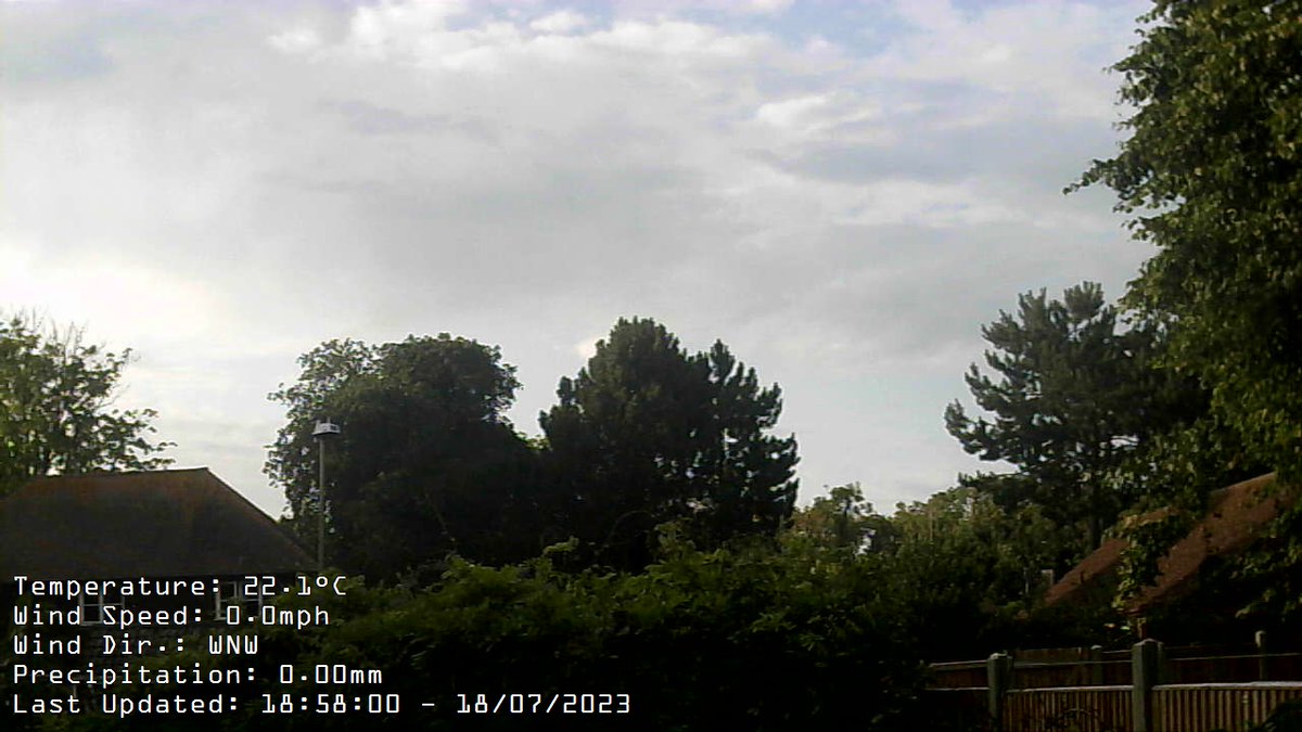 Report at 19:00 Wind:WNW at av. 0mph, max gust today 11.5mph at 13:20Temp:22.1CMax today:22.8C at 16:42 Min today: 11.2C at 05:16 Baro:1015.3mb FallingRain Today:  0.0mm Fcst: increasing clouds with little temp change, precipitation possible within 24 to 48 hrs.