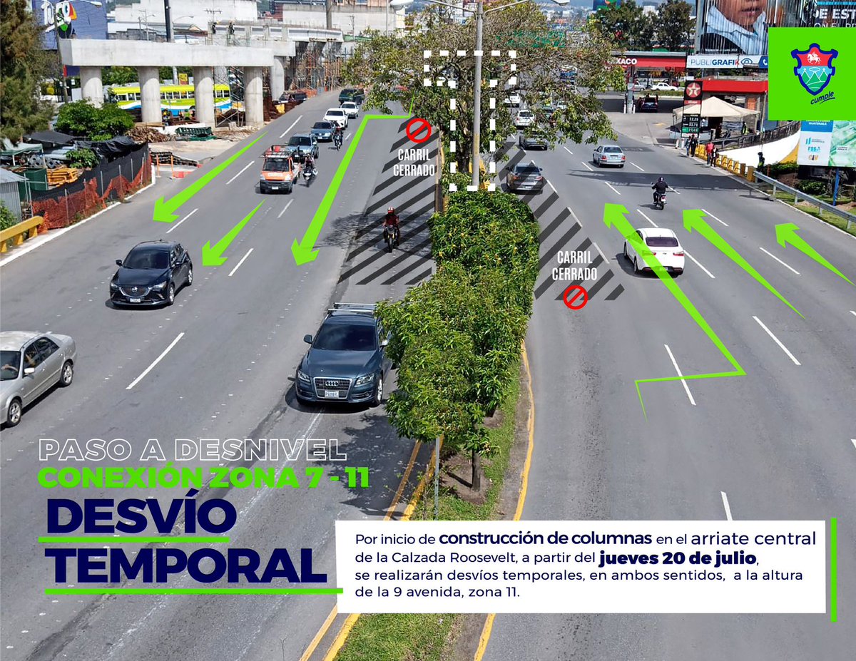 EmisorasUnidas's tweet photo. #AHORA Por construcción de columnas en arriate central de la calzada Roosevelt, a partir del próximo jueves 20 de julio se realizarán desvíos temporales en ambos sentidos a la altura de la 9.a avenida de la zona 11. Está programado que los trabajos finalicen dentro de aproximadamente un mes #TráficoGT | Vía @kmarroquin_eu