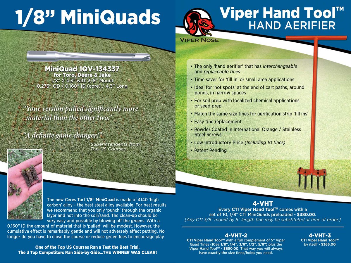LandscapeTurf's tweet photo. "Ground Breaking" handheld aeration tools from @CeresTurf_Inc available exclusively through Landscape Supply. Give your course a "hole" new life! #aeration #fallseed #turf #golfcourse #lawns #miniquads #viper #handaerifier https://t.co/fpjxqZkBcW