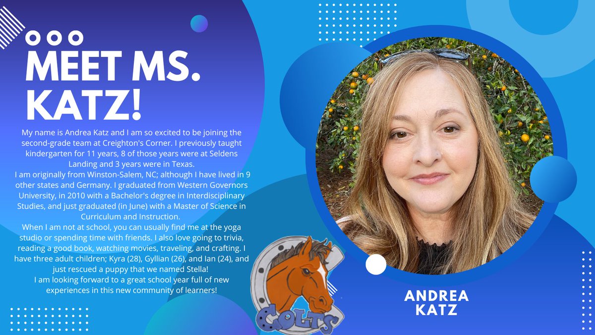 <a href="/KatzKinders/">Andrea Katz</a> and I worked together at SEL. She was excellent then and is excellent now! Please welcome her to our <a href="/Colts_CCE/">Creighton's Corner ES</a> family!
