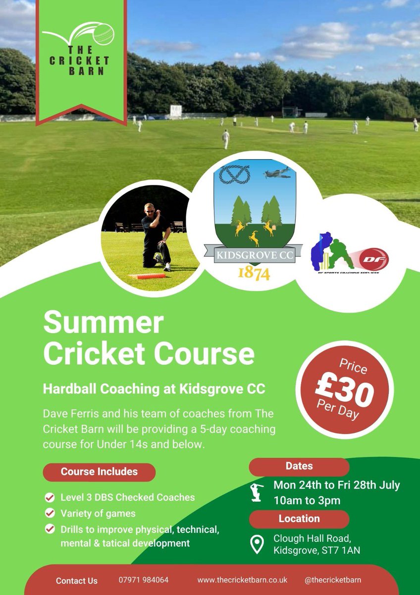 Next week at the ground we have a Summer coaching course for children under 14. Ran by club coach Dave Ferris and his coaches from <a href="/thecricketbarn/">The Cricket Barn</a>

Any enquires please don’t hesitate to get it touch.