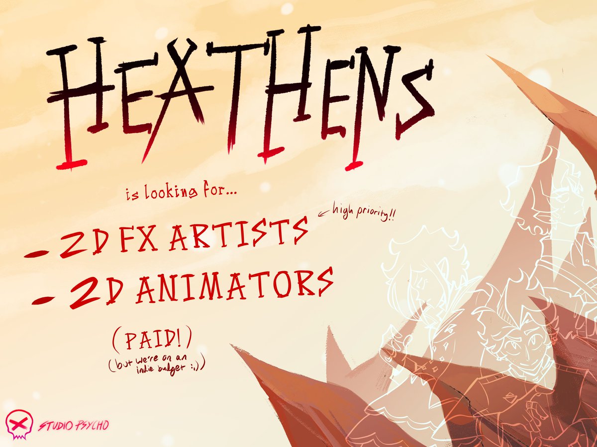 Heyo! We're looking for 2D FX Artists & 2D Animators to help us with our indie animation project 'Heathens'! Yes, this is PAID :) So if you like Western Anime vibes and funny demons, please read the info doc below for more details!