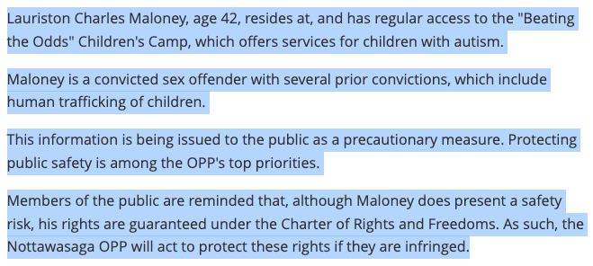 Harry__Faulkner's tweet photo. A convicted sex trafficking pedophile is living at a children's camp for kids with autism just outside of Toronto.

The OPP wants you to know that they will protect his Charter Rights if they are infringed.

This is the state of our country.
https://t.co/QojFNLKJZ3 https://t.co/irh0noRKfC