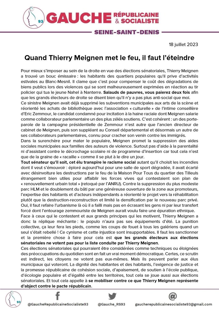 Gauche_RS93's tweet photo. La responsabilité des élus est une nécessité républicaine mais parfois l'un d'eux dit n'importe quoi. La @Gauche_RS de #SeineSaintDenis appelle à sanctionner @ThierryMeignen avec toute la sévérité requise. Notre communiqué est à lire et à partager⬇️... #senatoriales #BlancMesnil https://t.co/apXGrxZ1qL