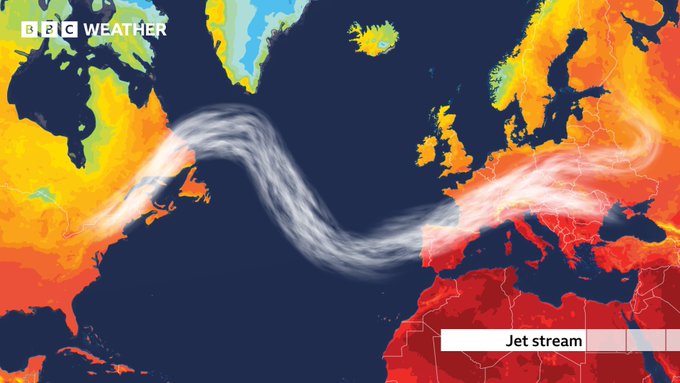 A heat map showing the areas in Europe and parts of America and Africa which are hot right now. The jet stream runs across the graphic showing the UK above it.