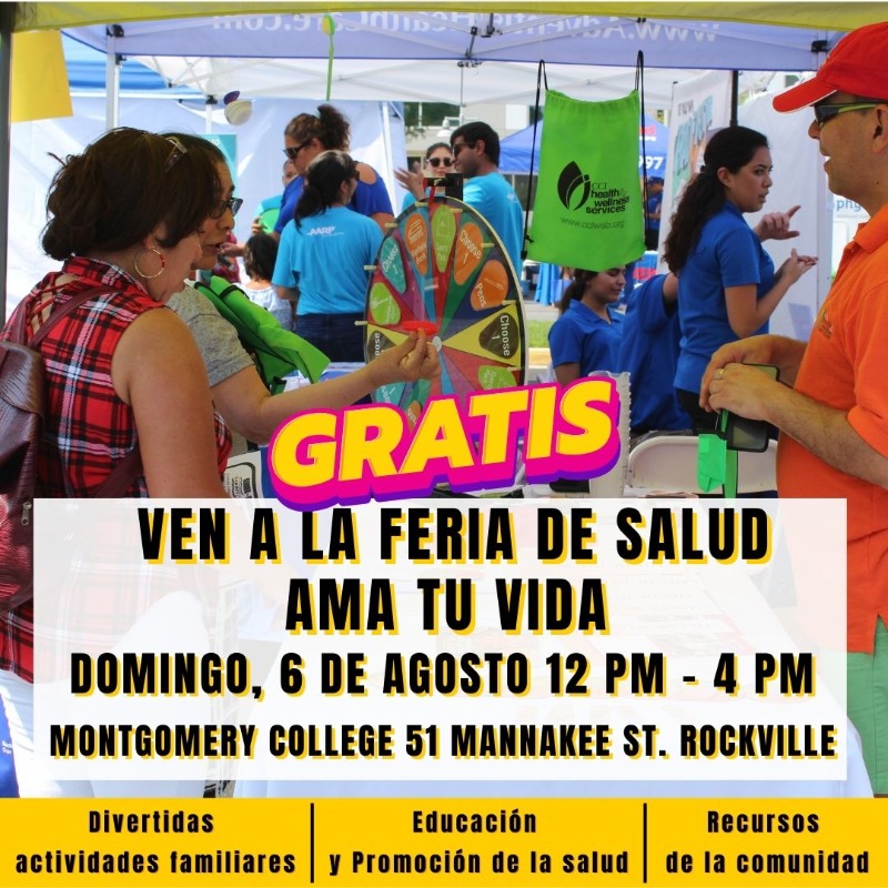 Healthy_MoCo's tweet photo. ¿Quieres cuidar tu salud, pero no sabes por dónde empezar? ¡La Feria de Salud Ama Tu Vida es el lugar ideal para comenzar! Únete a nosotros el 6 de agosto en Montgomery College Rockville y descubre recursos comunitarios que te ayudarán a llevar una vida más saludable. #AmaTuVida https://t.co/KejfkEJSx6