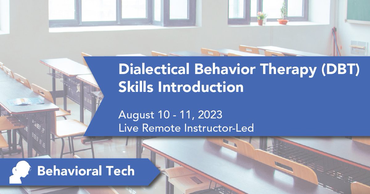 Join us for our DBT Skills introduction training this August!

This will be a live, remote event and a precursor to the world of DBT skills training.

Register here: behavioraltech.org/event/2023-08-…

#DBT #DBTskills #behaviortherapy #behavioralhealth
