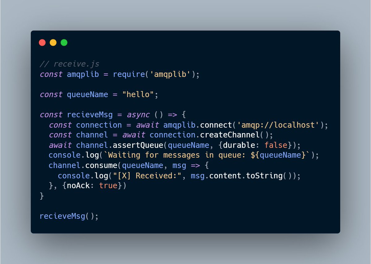 ai_arvind's tweet photo. Learned about types of exchanges in RabbitMQ today and wrote a simple publisher and consumer code for sending message in queue using direct exchange.
I have used async await instead of callback_api which is shown in the docs.
#DailyLearnings https://t.co/0wCtjcQRZ6