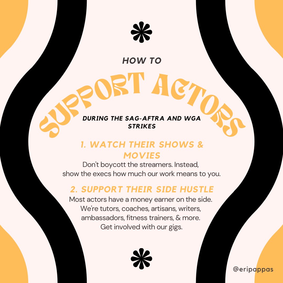 eripappas's tweet photo. how to support actors during the strike ✊✊✊
i pay some bills with my writing page https://t.co/4hLao5fEwE. actors, reply with your side hustle so everyone knows where to lend support. see y’all on the picket lines! #unionstrong #sagaftrastrike @sagaftra https://t.co/pcR9xejEdy