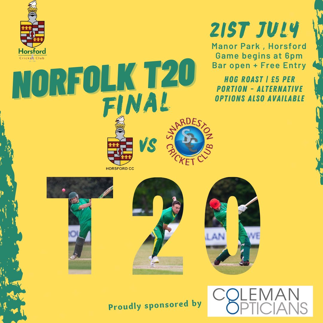 HorsfordCC's tweet photo. We go again! Fingers crossed we get better weather this Friday as we take on @swardestoncc in Norfolk T20 final. Free entry with the game kicking off at 6pm. #HCC @ColemanOptician https://t.co/eOqeiitcqe
