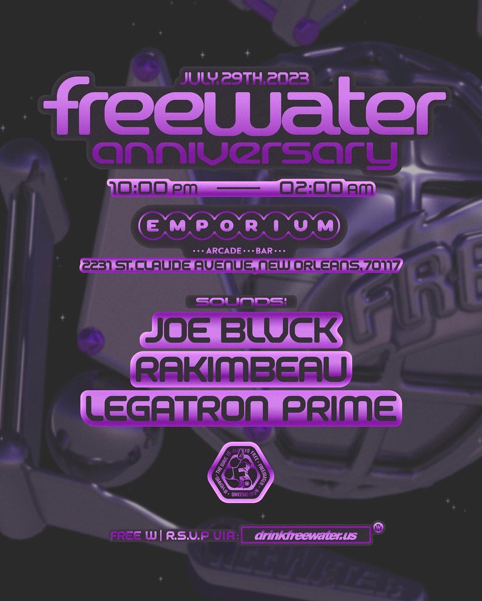 FREEWATER ANNIVERSARY PARTY 7.29.23 We would like to thank everyone whose been a part of our journey over the past 8 YEARS. Help us celebrate next Saturday night 💜 EVERYONE IN FREE WITH RSVP: drinkfreewater.party 📲
