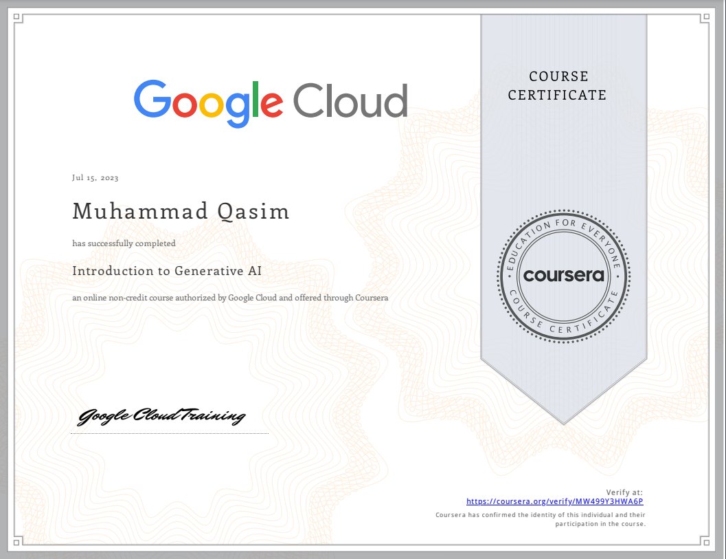 qlfqasim's tweet image. Just earned a certificate in Introduction to Generative AI! 📜 Exciting times diving into the world of AI creativity! Thanks to @GoogleCloud @Coursera for the fantastic course! #GenerativeAI #AIcertification #LearningJourney