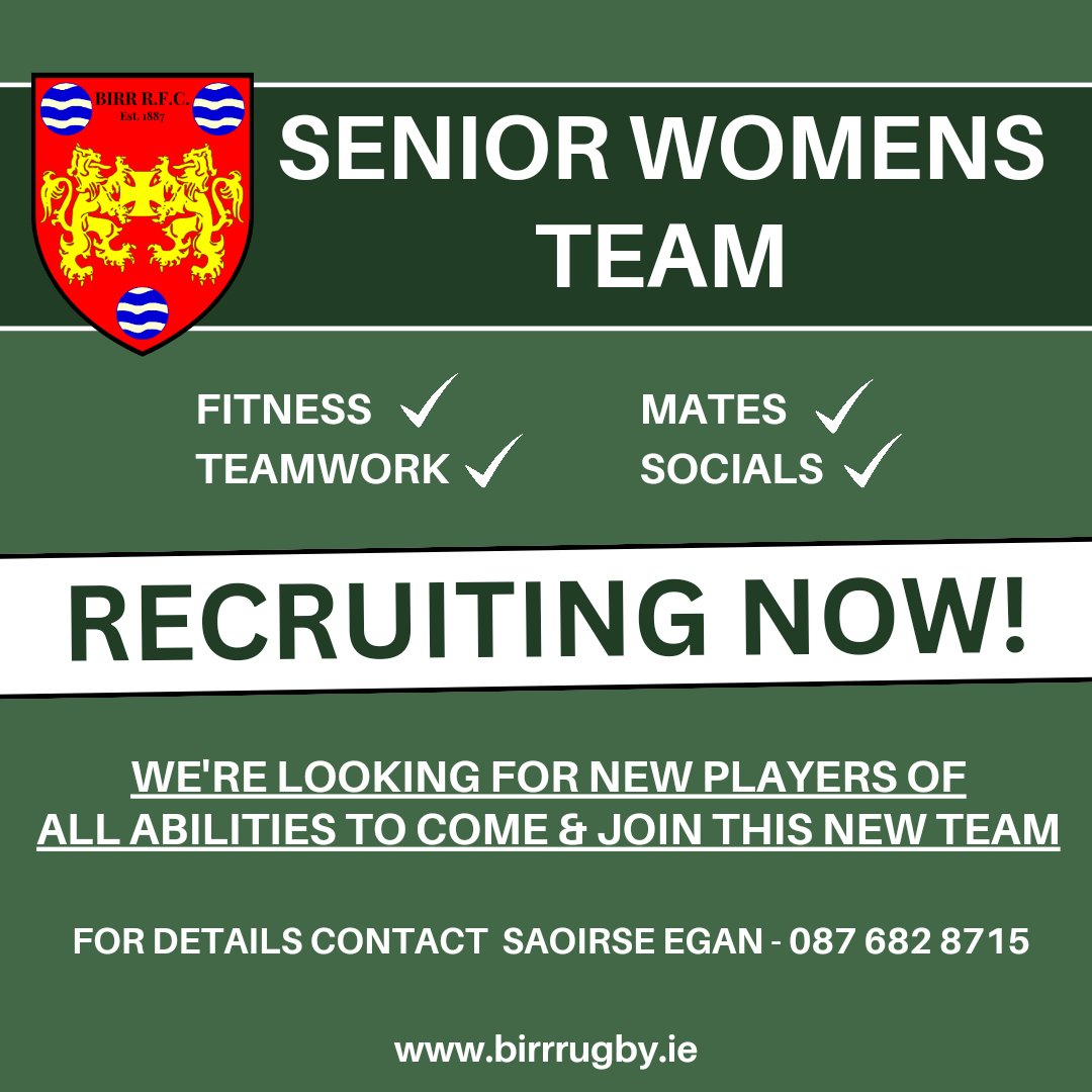 BirrRugby's tweet photo. Birr RFC have been approached by several former youth players interested in starting a Senior Women's Team in the club and we are excited to back this great endeavour.

If you have an interest in playing contact Saoirse Egan – 087 682 8715 for more details on how to get involved. https://t.co/mV4fHXgKEa