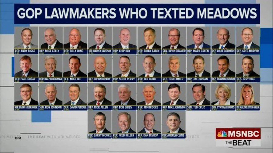 Reminder that Mark Meadows texted with 34 Republicans during the planning, execution, and aftermath of January 6th. The meltdown from MTG and others is because shit just got real and Target Letters may be in their inboxes. #JackSmith #FreshStrong #TrumpIndictments