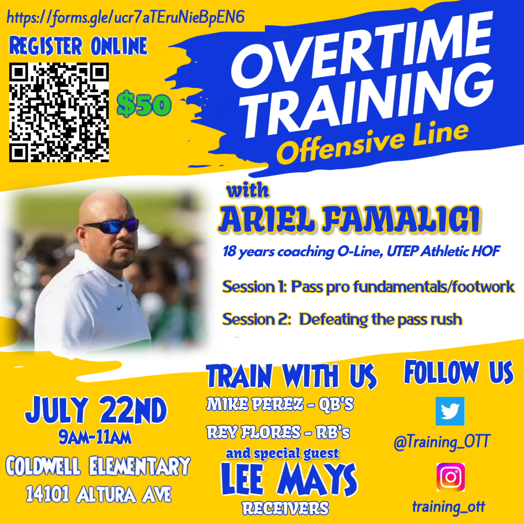 Training_OTT's tweet photo. 🚨O-lineman in the El Paso area🚨

📢Sharpen your pass protection with Coach Fama this Saturday!

With special guest, former Pittsburgh Steeler and UTEP Hall of famer, LEE MAYS training Wide Receivers!🏈👏

Register now👇
https://t.co/xCRh8KHVnB

#ElPaso #football #Training https://t.co/nLVf6RdXt6