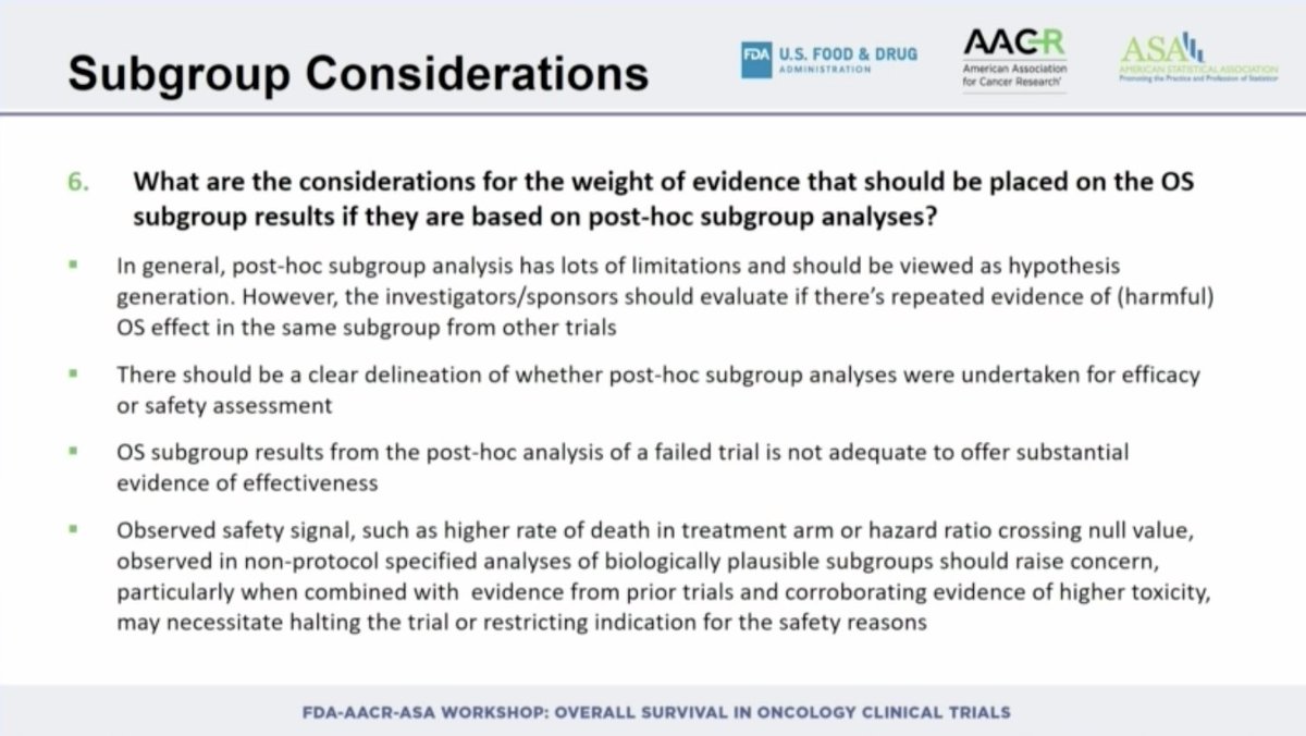 - flags importance of considering harm signal if seen across multiple studies (often @FDAOncology uniquely positioned to see this as it has all the data)
- if you have a biomarker-defined population where expect differential effect, should prespecify analysis

#AACRSciencePolicy