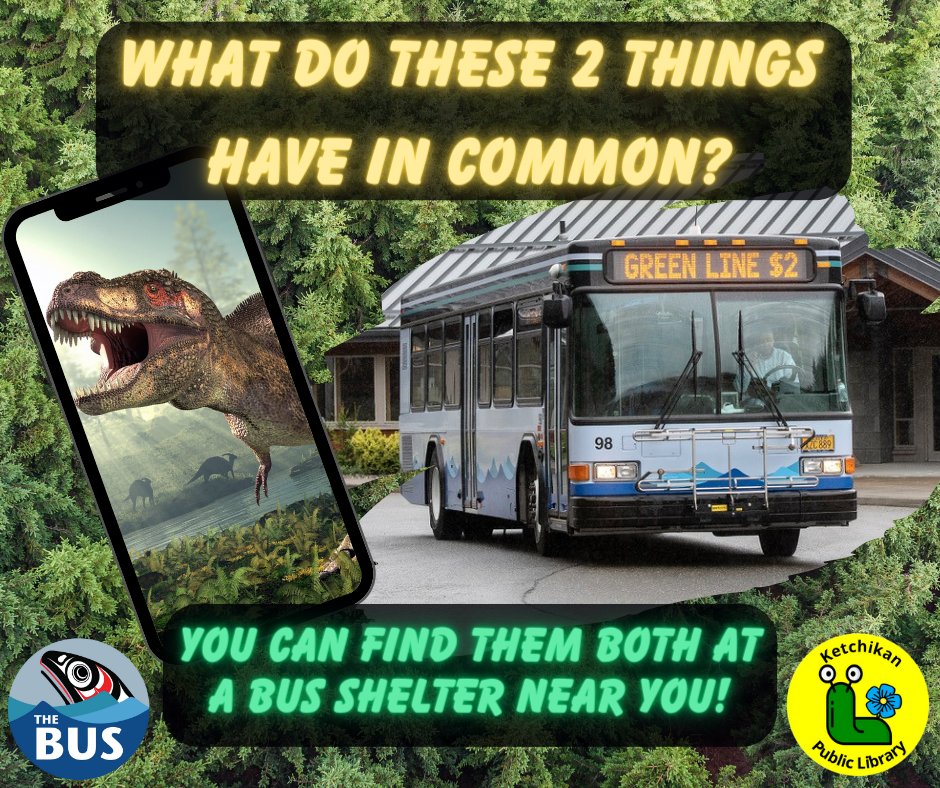 KetchikanBus's tweet photo. There are dinosaurs hidden at bus stops around Ketchikan!

Ride the bus and visit bus shelters to find them all!

Get involved in Jurassic Summer Reading and report your dino findings to the library for loot.😎

See you on The Bus! https://t.co/97Hjkp0EAK