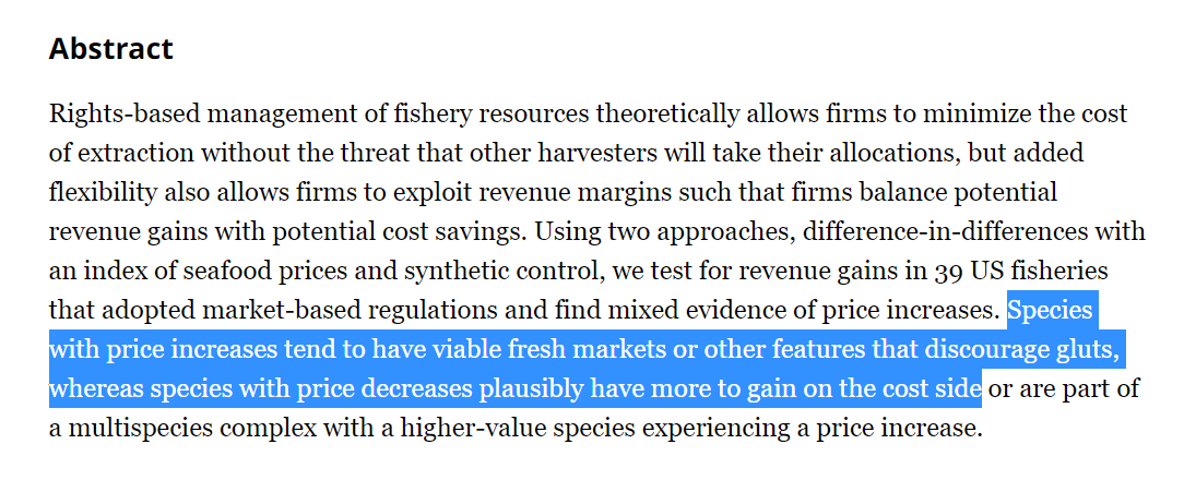 "The idea that catch shares generate substantial revenue gains appears to be a possibility but not the rule."

Evidence from 39 US fisheries indicates that in many cases, catch share programs have no statistically significant effects on prices.
journals.uchicago.edu/doi/10.1086/72…