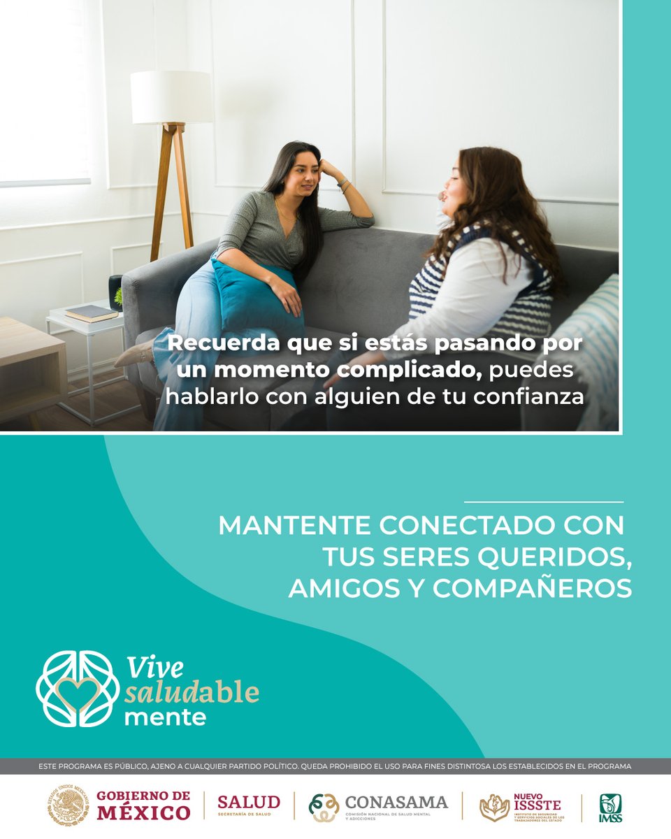 conasamamx's tweet photo. Compartir tus sentimientos y pensamientos con alguien de confianza te ayuda a disminuir el estrés y sentirte acompañado.

Manténte en contacto con tus seres queridos y amistades.

#ViveSALUDableMENTE https://t.co/cu2n2Grwhx