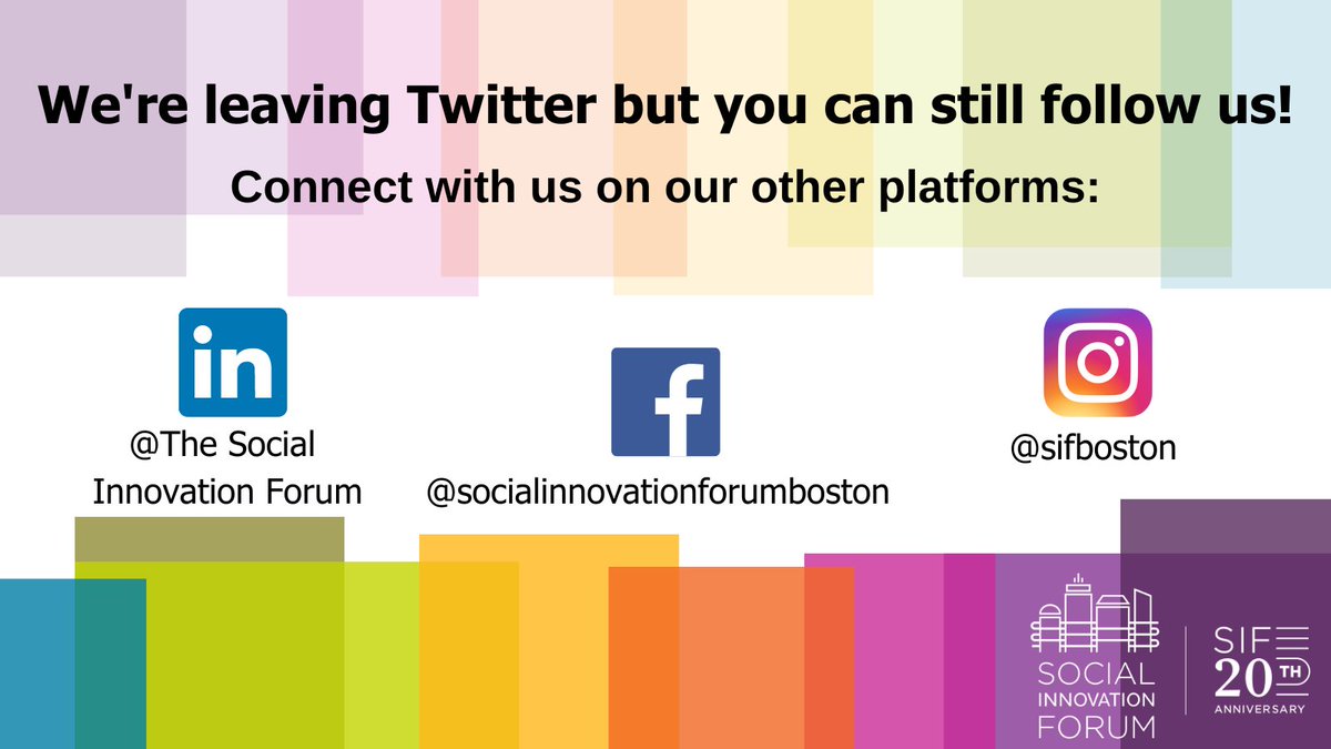 Thanks for engaging with us here on Twitter! We have decided to move to other social media platforms and phase out our twitter. 
Stay connected with us on our other platforms: 
Facebook: @socialinnovationforumboston 
Instagram: @sifboston 
LinkedIn: The Social Innovation Forum