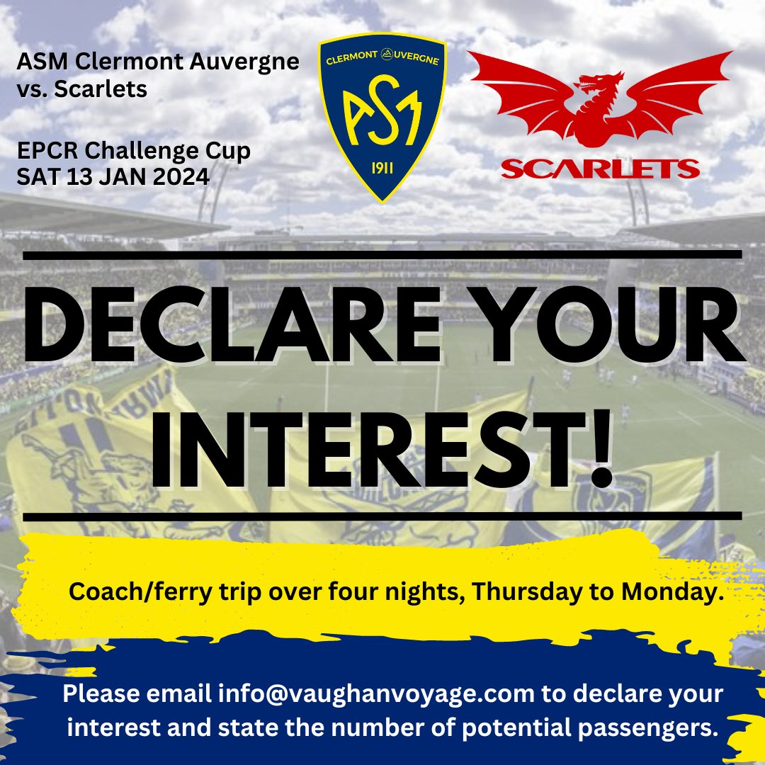 We’re planning a coach/ferry trip for the big @ASMOfficiel vs. @scarlets_rugby game in January. At this stage we’d like you to declare your interest by emailing info@vaughanvoyage.com. We’re working on the price and itinerary and they will follow shortly. Thanks!☺️