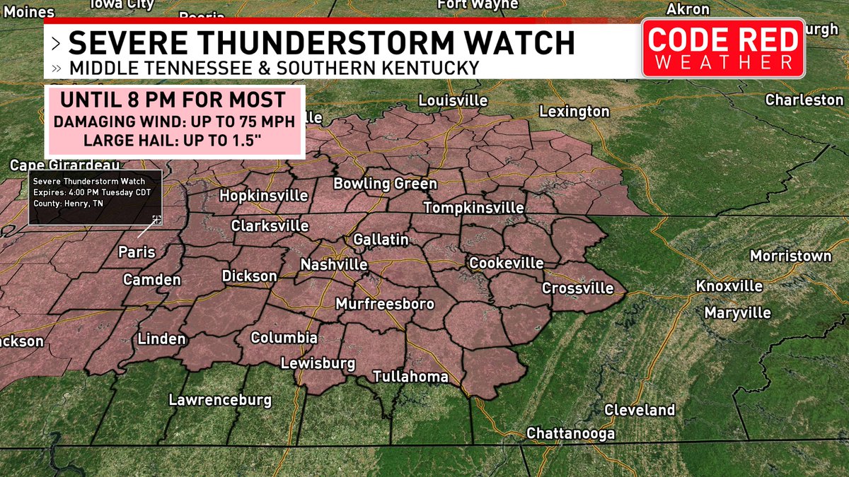 A Severe Thunderstorm Watch is in effect until 8pm for most of us. Damaging wind and large hail are the main threats... but a tornado can't be ruled out. Flooding is also possible. @foxnashville https://t.co/w7NFMgY0ZL