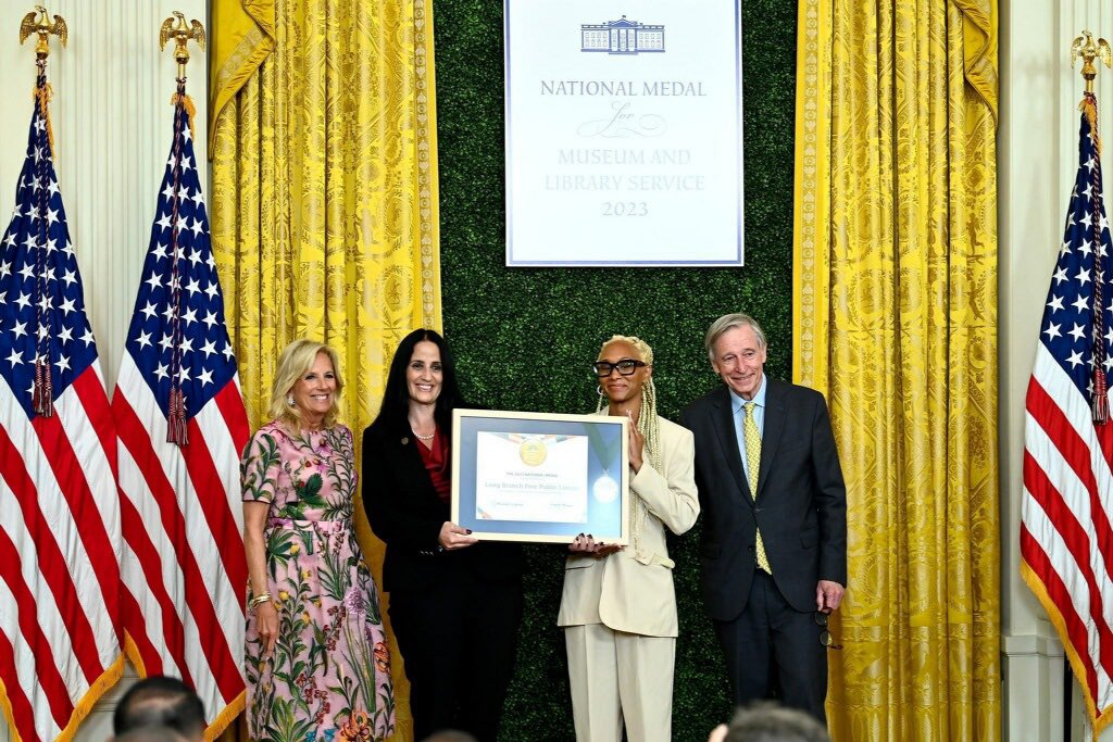 SenoraLibrarian's tweet photo. Yesterday I had the distinct honor of being presented the National Medal for Museum and Library Service by First Lady, Dr. Jill Biden &amp; @US_IMLS Dir. Crosby Kemper. Thank you @SenBooker for making this moment possible.  @WhiteHouse @ALALibrary @visitlongbranch @LBPublicLibrary https://t.co/cMerZ6cOw2