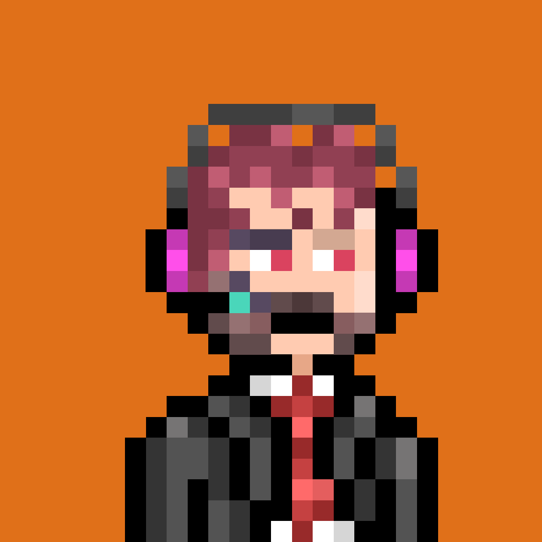 Suit and pink headset.