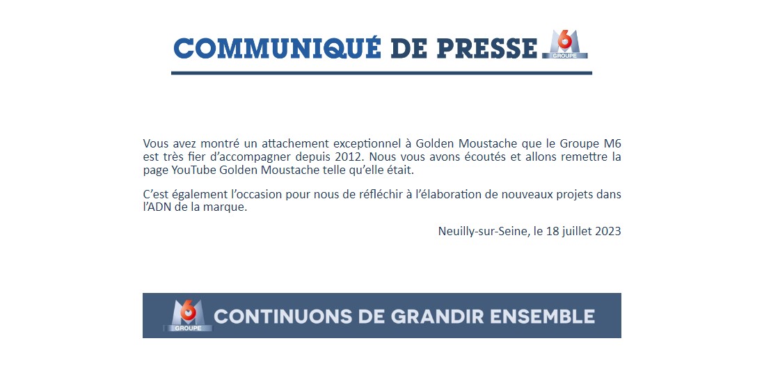 M6pro's tweet photo. Vous avez montré un attachement exceptionnel à Golden Moustache que le Groupe M6 est très fier d’accompagner depuis 2012. 
Nous vous avons écoutés et allons remettre la page YouTube Golden Moustache telle qu’elle était. https://t.co/PjghGAT1s7