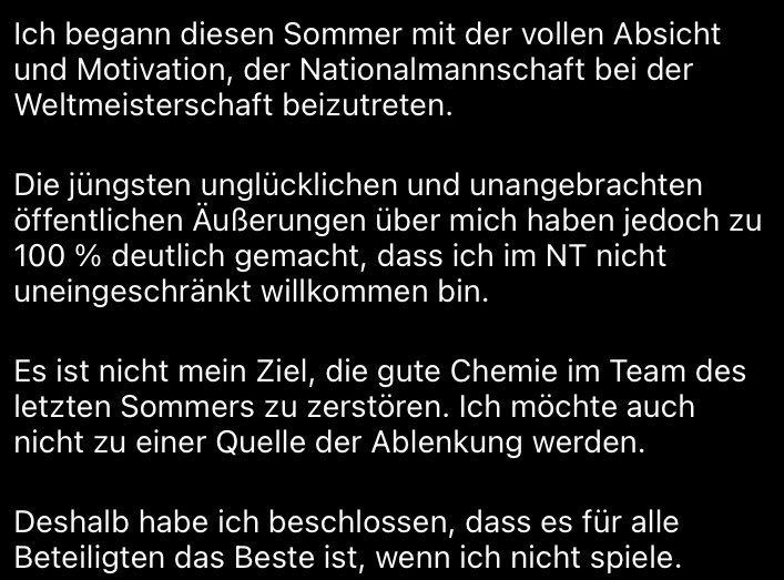 Maxi Kleber sagt via eines Statements über die <a href="/BIG_Deutschland/">BIG - Basketball in Deutschland</a> für die WM ab. Demnach haben die „jüngsten unglücklichen und unangebrachten öffentlichen Äußerungen über mich deutlich gemacht, dass ich in der Nationalmannschaft nicht uneingeschränkt willkommen bin.“