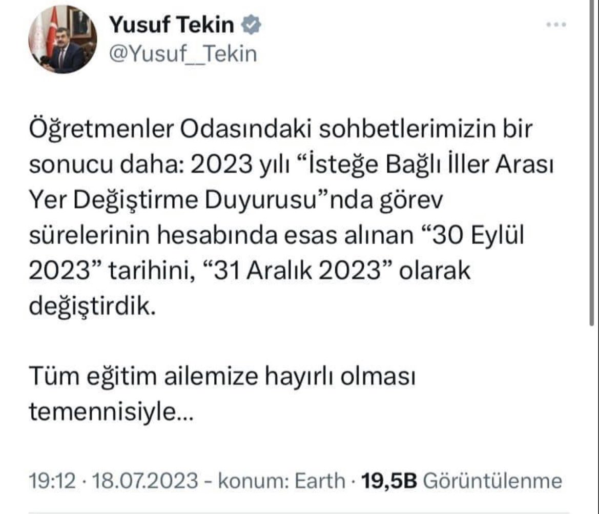 M. Yaşar ŞAHİNDOĞAN (@mysdgn) on Twitter photo Öğretmenlerin isteğe bağlı yer değiştirmelerinde yaşanan 30 Eylül mağduriyeti Türk Eğitim Sen'in talebi doğrultusunda giderilmiştir.
Teşekkürler <a href="/tcmeb/">Millî Eğitim Bakanlığı</a> <a href="/Yusuf__Tekin/">Yusuf Tekin</a> Öğretmenlerin isteğe bağlı yer değiştirmelerinde yaşanan 30 Eylül mağduriyeti Türk Eğitim Sen'in talebi doğrultusunda giderilmiştir.
Teşekkürler <a href="/tcmeb/">Millî Eğitim Bakanlığı</a> <a href="/Yusuf__Tekin/">Yusuf Tekin</a>