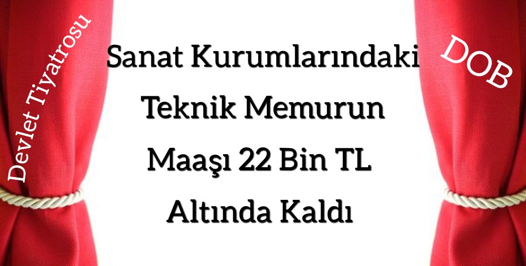 #TiyatroVeOpera
#DevletTiyatroları
Teknik memurlar masabaşı memurlardan düşük alıyor. Sesimizin duyulmasını gerekli düzenlemelerin yapılmasını istiyoruz.

<a href="/RTErdogan/">Recep Tayyip Erdoğan</a> <a href="/MehmetNuriErsoy/">Mehmet Nuri Ersoy</a> <a href="/memetsimsek/">Mehmet Simsek</a> 
<a href="/dbdevletbahceli/">Devlet Bahçeli</a>
<a href="/devtiyatro/">Devlet Tiyatroları</a>
<a href="/devletoperabale/">DOB</a>
<a href="/TCKulturTurizm/">T.C. Kültür ve Turizm Bakanlığı</a>