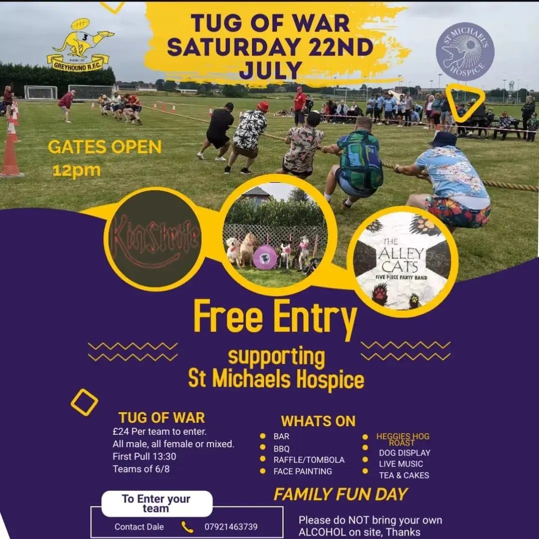 kinstrifeuk's tweet photo. This coming Saturday we play at the @Greyhoundladies Tug of War fun day supporting @StMichaelsHosp. We play about 6pm.
#funday #rugby #tugofwar #dogdisplay #rockmusic #Herefordshire #facepainting #hogroast #livemusic https://t.co/7ueWRAXMkL
