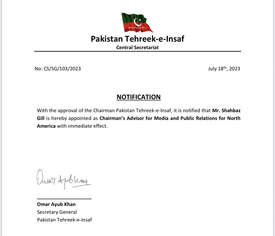 PTIofficial's tweet photo. Ex SAPM to Prime Minister Imran Khan, Dr. @SHABAZGIL has been notified Chairman's Advisor for Media and Public Relations for North America. Dr. Gill for stood tall with Chairman despite torture and fascism for an extended time in Pakistan. Congrats to him on the new advisor role! https://t.co/HfAUyYZepm