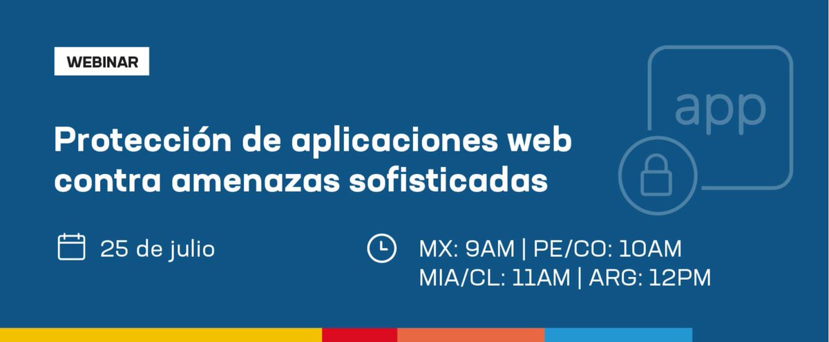 D3bb0raH's tweet photo. 💻 WEBINAR | Protección de aplicaciones web contra amenazas sofisticadas

🗓 Martes, 25 de julio.
🕙MX: 9 am
🕙PE/CO: 10 am
🕙MIA/CL: 11am
🕙ARG: 12pm

Regístrese gratis 👉 https://t.co/NuG0j6scXO
 https://t.co/h38r8xw2Pk https://t.co/5RsJ0O9r6v