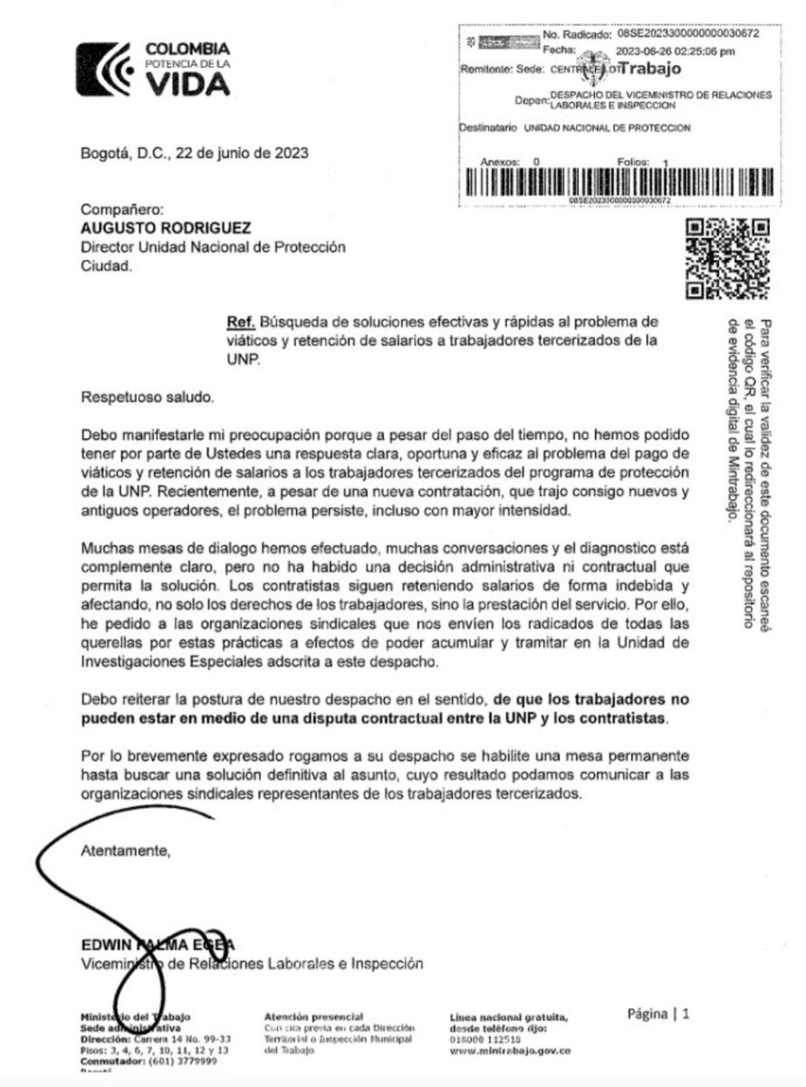 Señor <a href="/PalmaEdwin/">Edwin Palma Egea</a> hasta cuando el señor Director de la <a href="/UNPColombia/">Unidad Nacional de Protección, UNP.</a> se seguirá burlando de los Escoltas <a href="/MintrabajoCol/">MinTrabajo</a> <a href="/CIDH/">CIDH - IACHR</a> <a href="/sinprosegbogota/">SINPROSEG BOGOTA</a> no más paños de agua tibia y más acción, donde esta el trabajo digno que tanto predican <a href="/chiporivera/">oscar rivera</a> <a href="/RodrigoHJimenez/">RODRIGO JIMÉNEZ</a>
