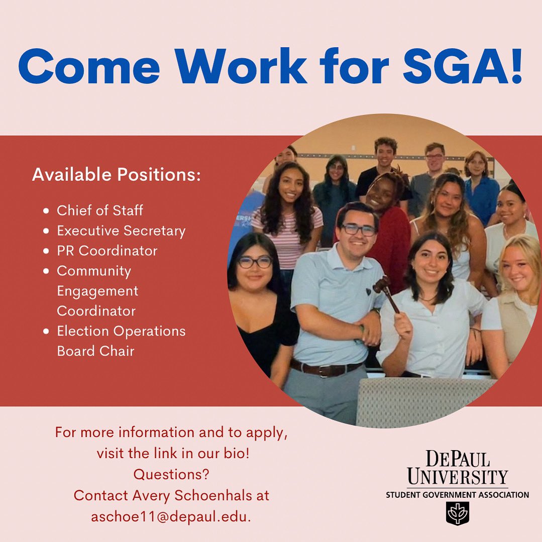 💼🚨SGA is hiring! We’re looking for students to apply for 2023-24 staff positions! Position descriptions, and a link to apply are available on our Linktree (in bio).