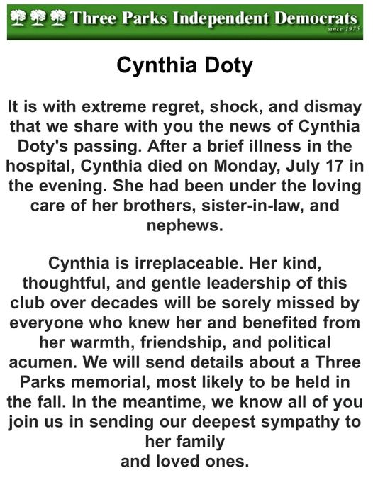 galeabrewer's tweet photo. @galeabrewer I am saddened by passing of Hon Cynthia Doty. She was District Leader, leader at 3 Parks, President, 103 St Block Assn &amp; great staff, Manhattan Board of Elections. Always caring &amp;  creative. I looked for her in every room where I hoped she would be Will miss her lots https://t.co/rXLPdSqRjx