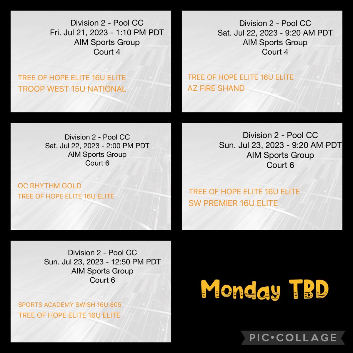 TREE OF HOPE 16U ELITE schedule for Summer Swoosh at Seal Beach, CA this weekend!
